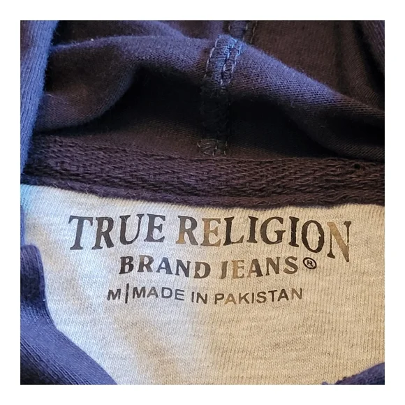 True Religion Hooded Henley Shirt Dark Blue Heathered Cotton Blend Size Medium